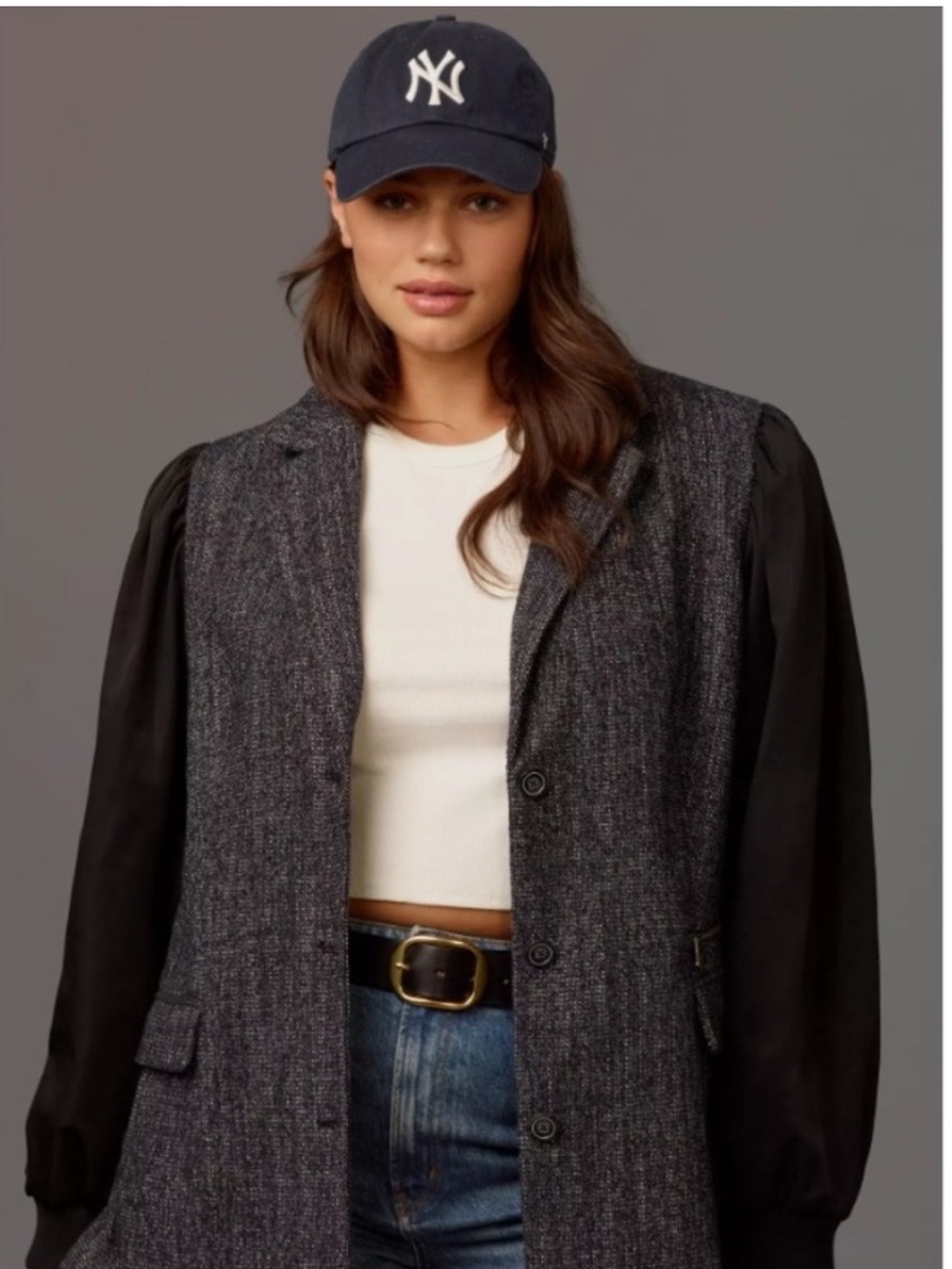 Maeve Anthropology Gray Tweed Blazer with Black Sleeves